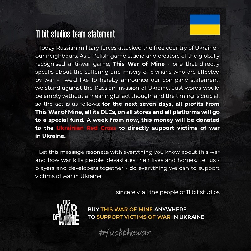 《这是我的战争》开发商决定救助乌克兰难民 将该游戏一周销售所得全部捐赠